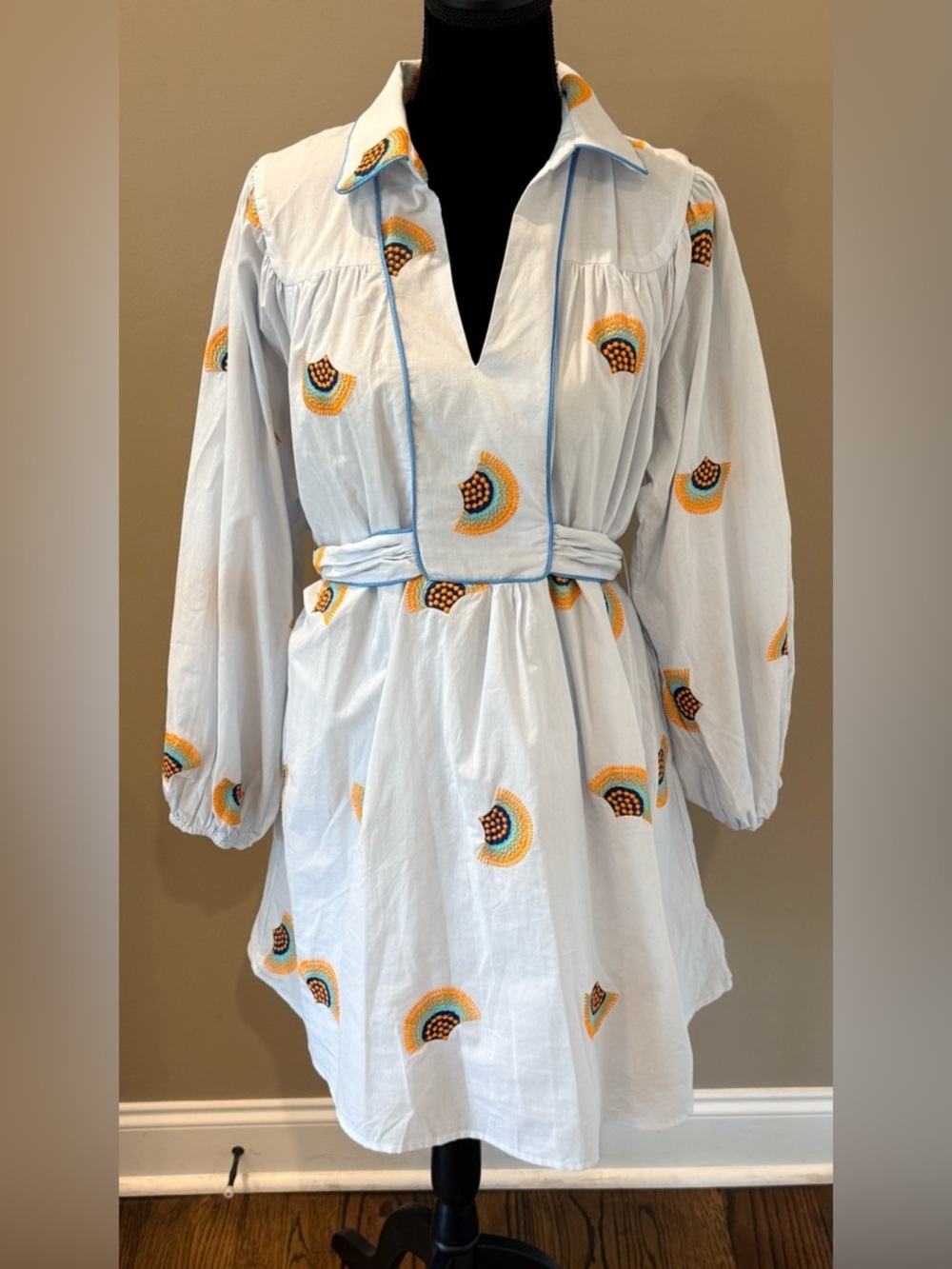 Women’s CIEBON Halliday Light Blue Embroidered long sleeve dress- Size Large - Picture 1 of 10